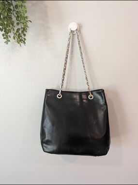 Vintage Mark Cross Black Leather Shoulder Tote with Silver Chain Handles